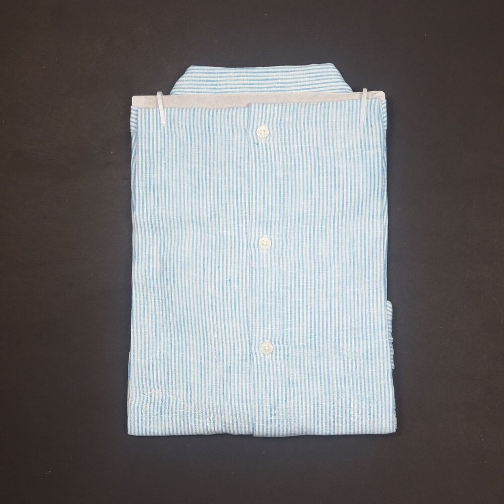 UNTUCKit Sherry Linen LS Shirt Womens Size 4 Light Turquoise Blue & White Stripe - Picture 15 of 15
